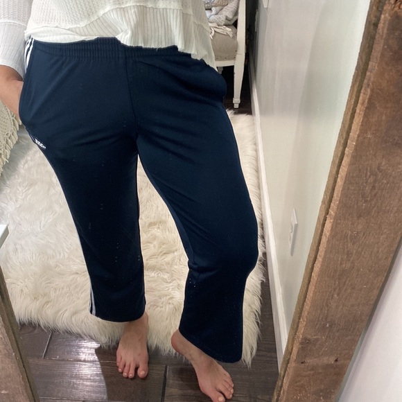 Adidas navy blue stripe athletic pants size large snap sides - Picture 2 of 6